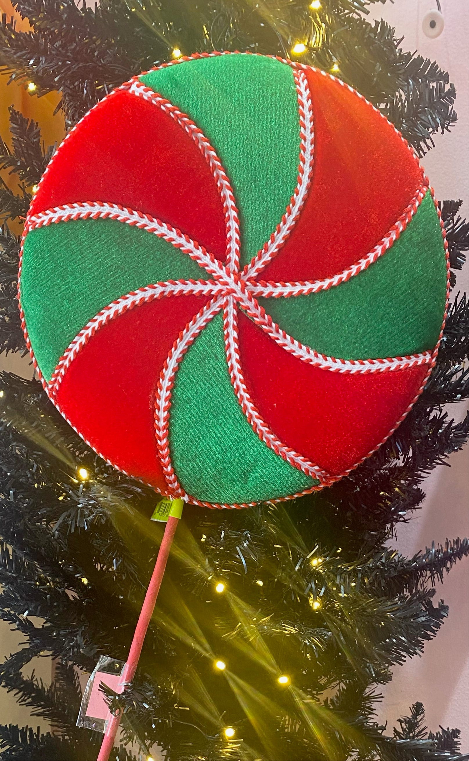 Large Red and Green velvet Lollipop. 29”High x 10.5” wide