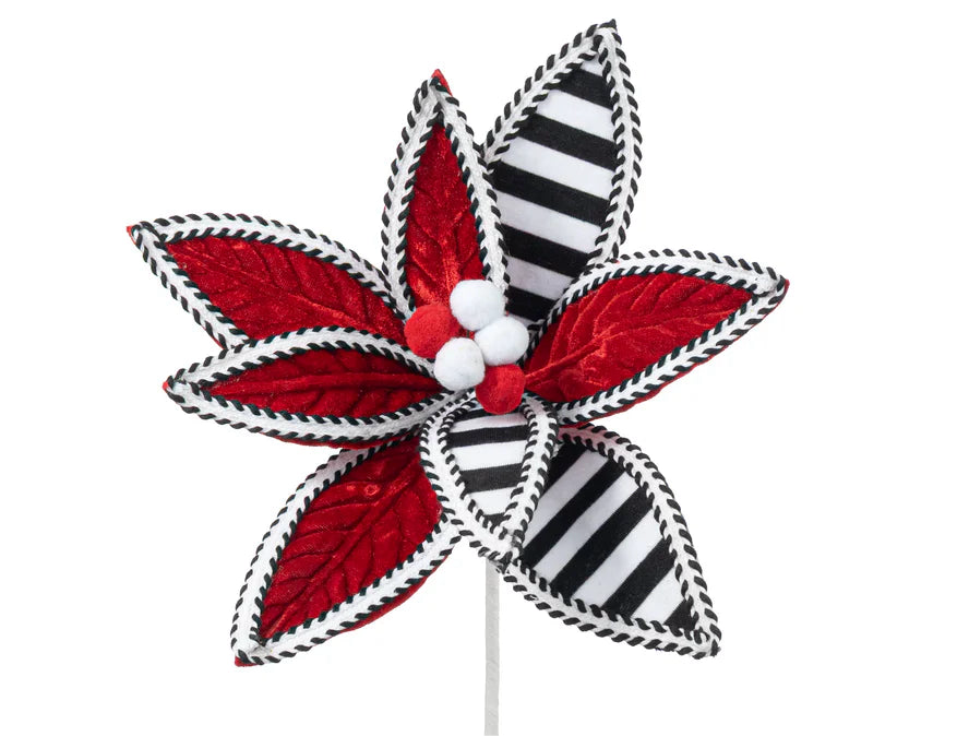 11" x 22" Velvet & Trim Stripe Poinsettia Stem: Red, Black & White