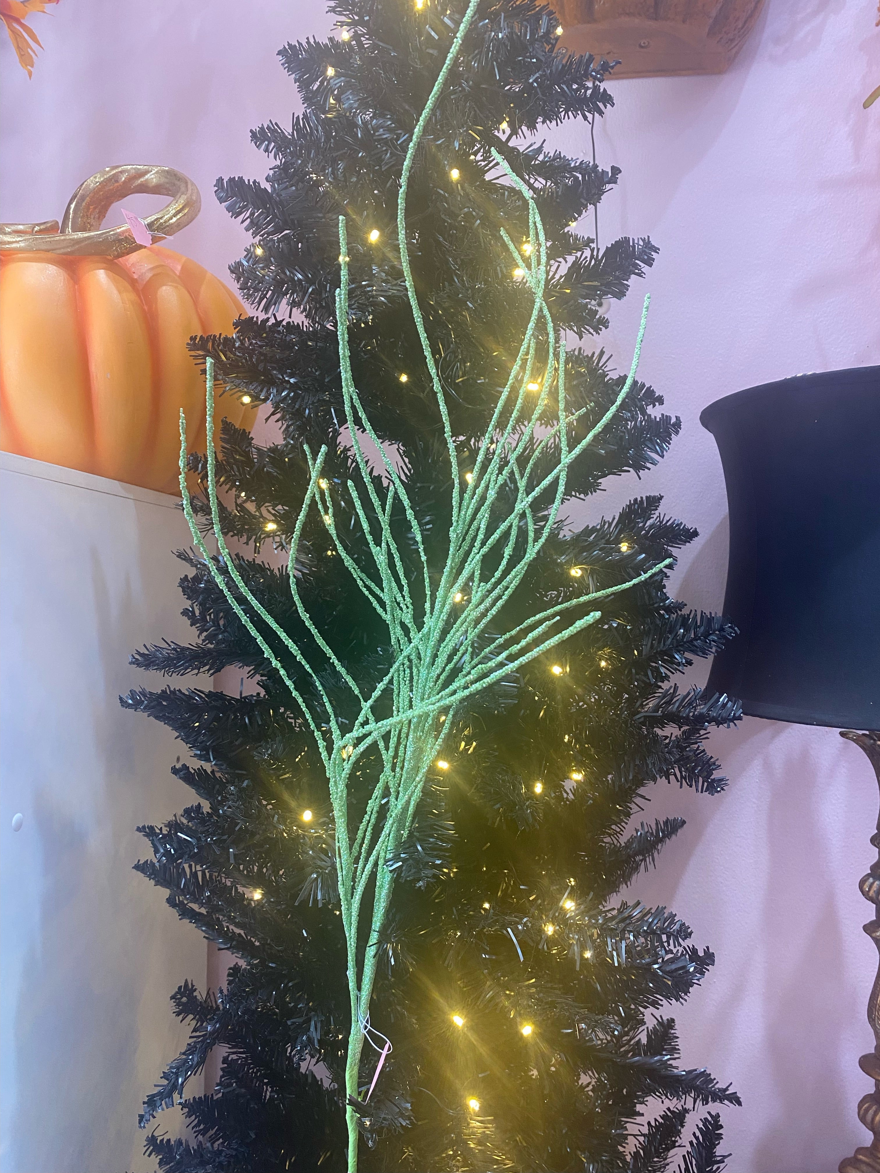 Green Wavy Beaded Glitter Grass Spray