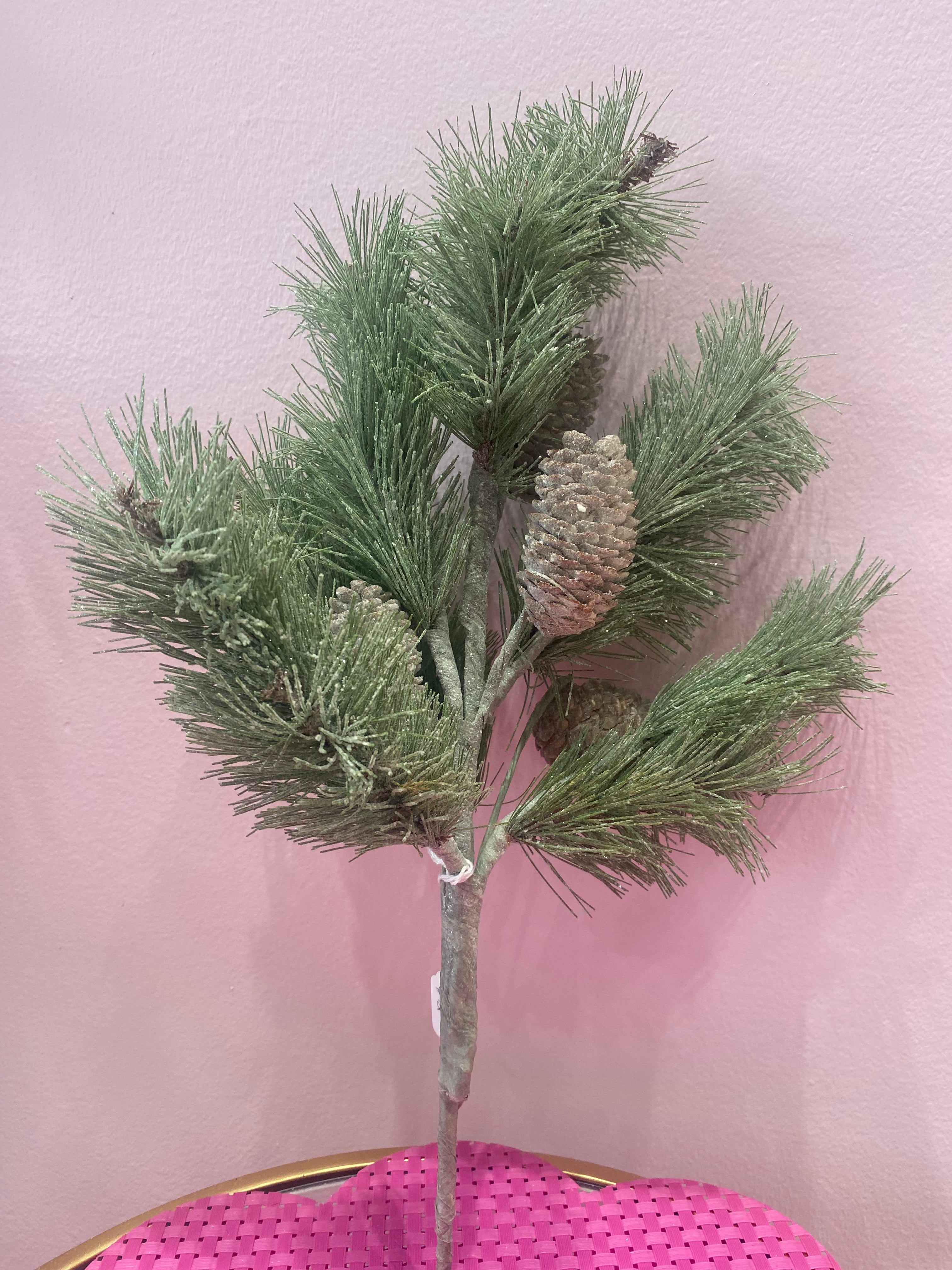 Glittered pine pick with pine cones