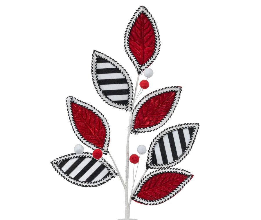 29" Velvet & Stripes Leaves Spray: Red, Black & White