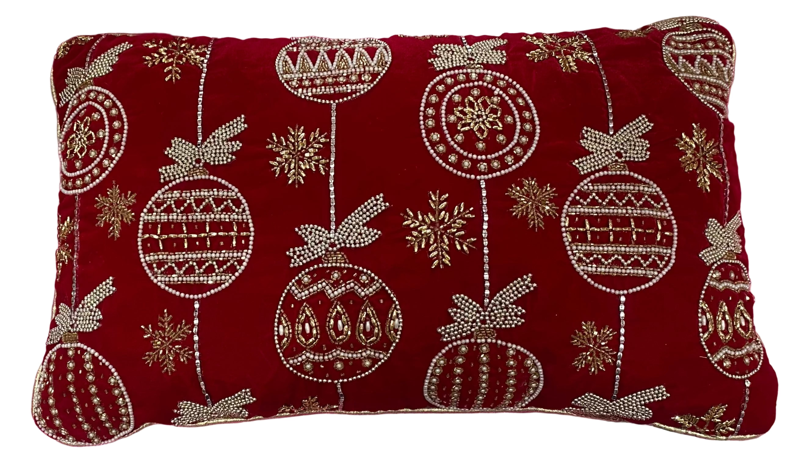 Red Velvet pillows with gold beaded Christmas ornaments