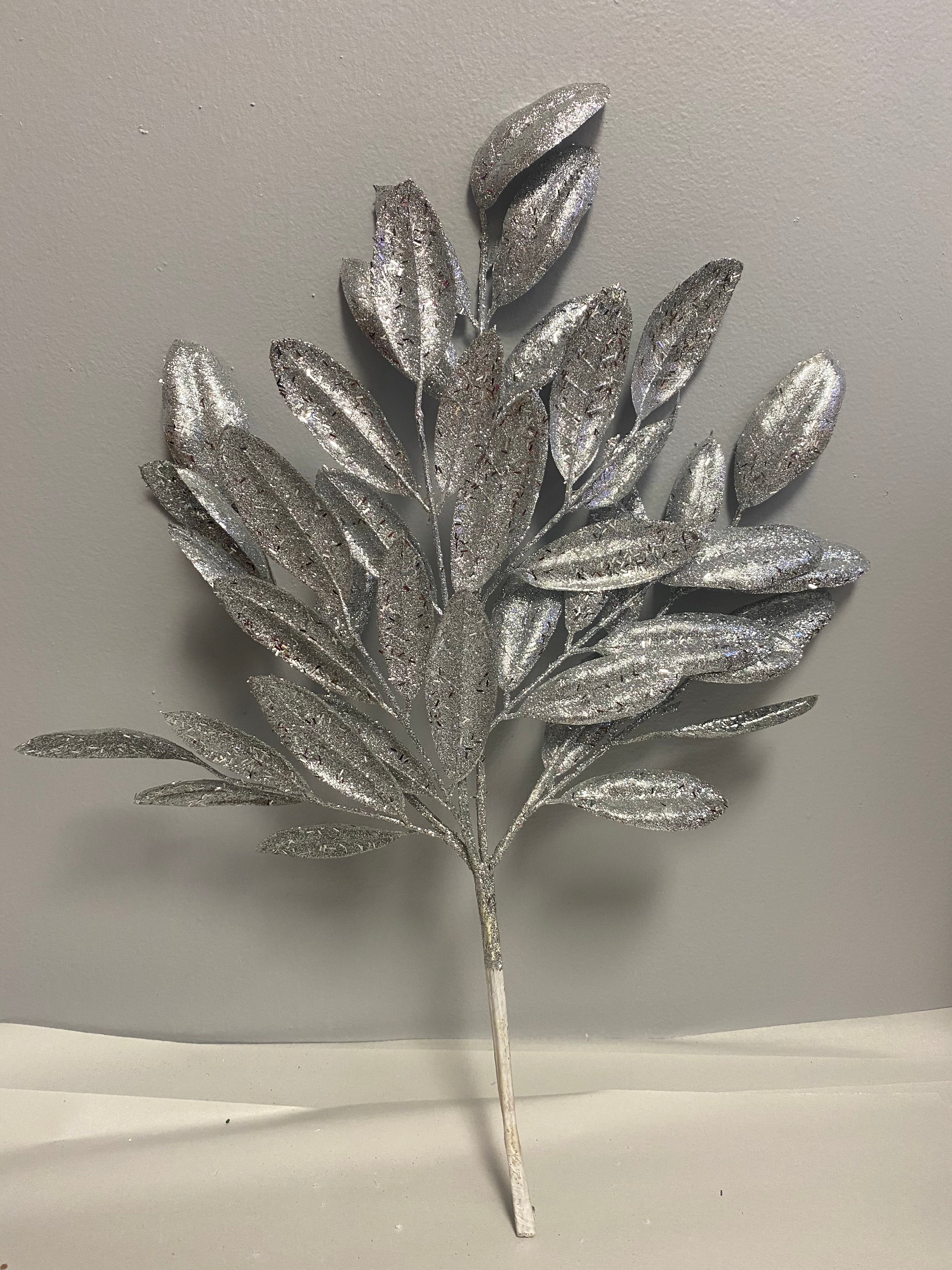 20” Silver glitter leaf spray