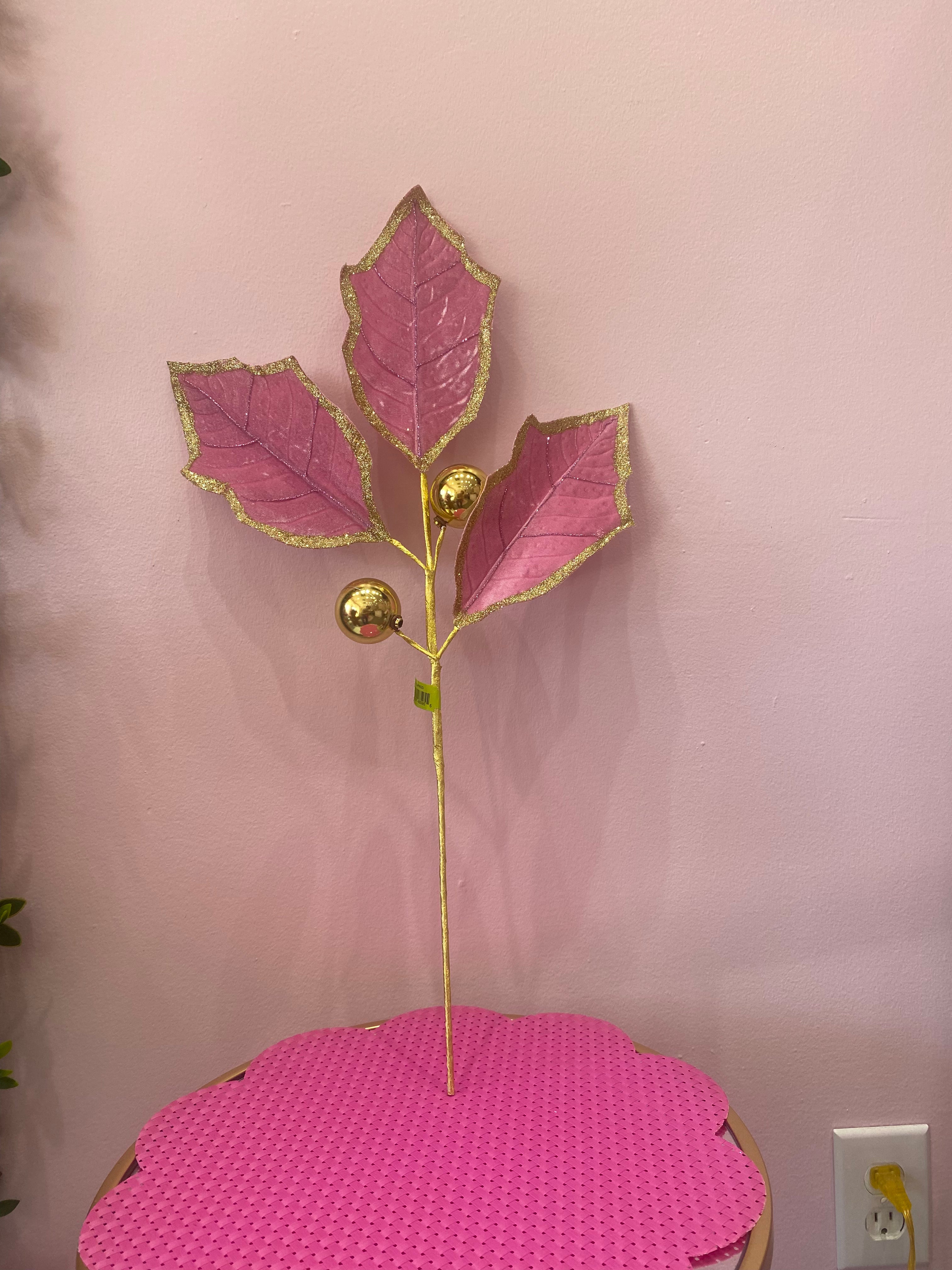 30” Velvet holly leaves spray with gold ornaments