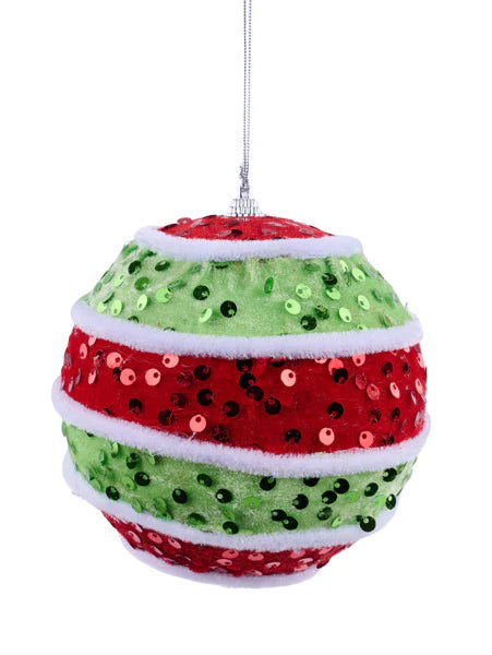 4.25” lime & red velvet sequin ball ornament