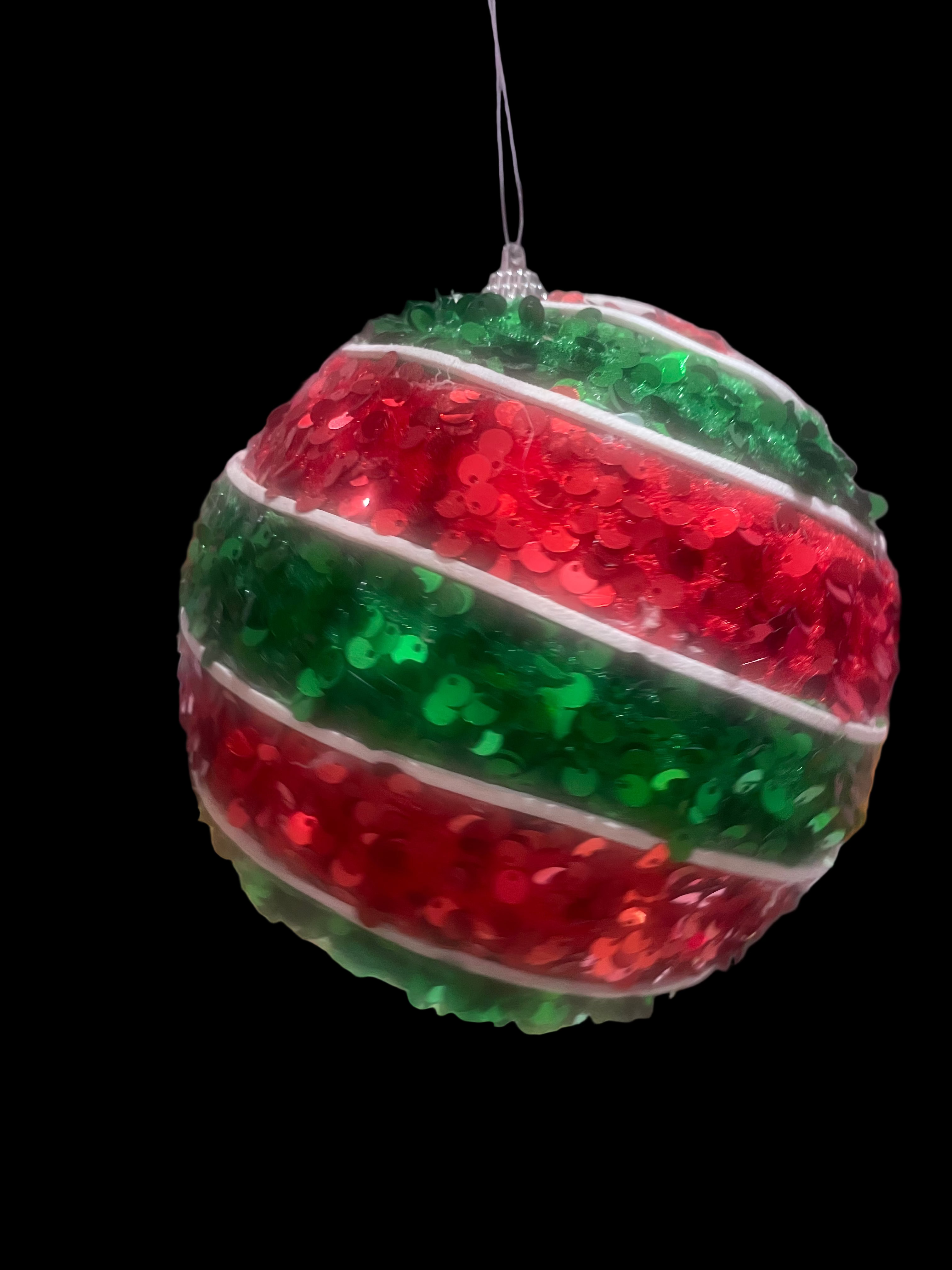 5.5” Diagonal sequin stripe ball ornament. Red, emerald, green & white