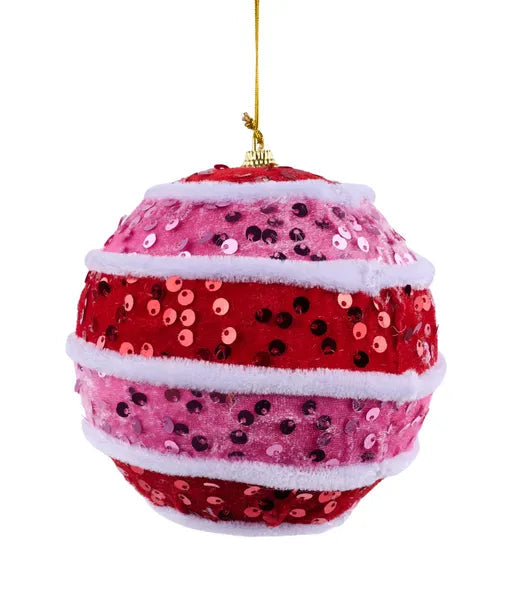 4.25” pink velvet sequin stripe ball ornament