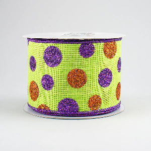 2.5" x 10 Yd Lime Green Ribbon with Orange and Purple Glitter dots