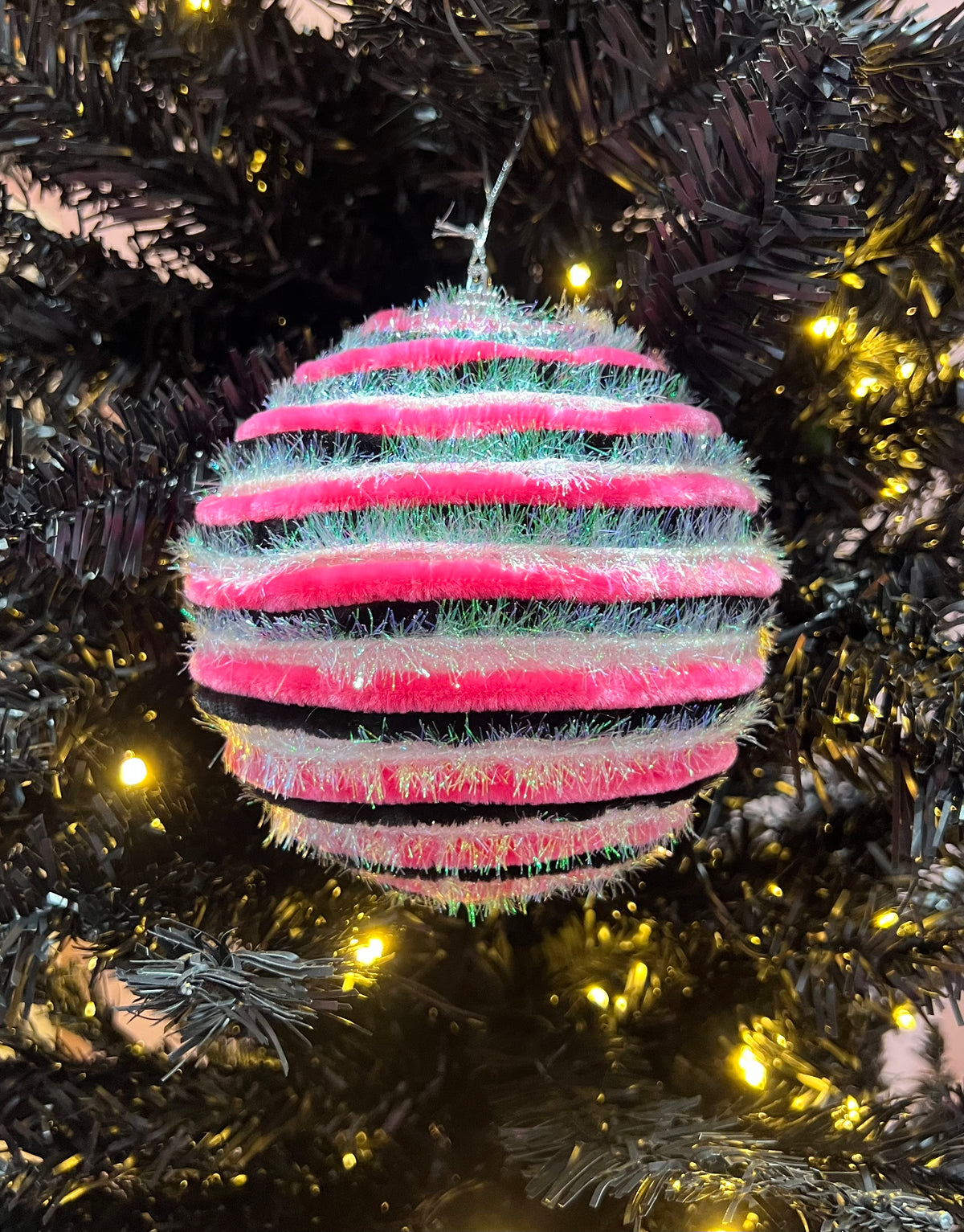 6" Fuzzy Striped Pink, Black and White Ornament