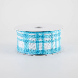 1.5" Blue and White Linen Plaid Wired Ribbon