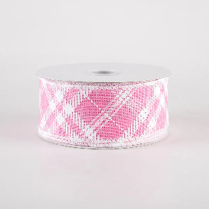 1.5" Pink and White Diagonal Linen Wired Ribbon